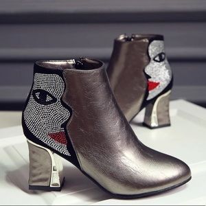 Crystal Face Bronze Ankle Booties
